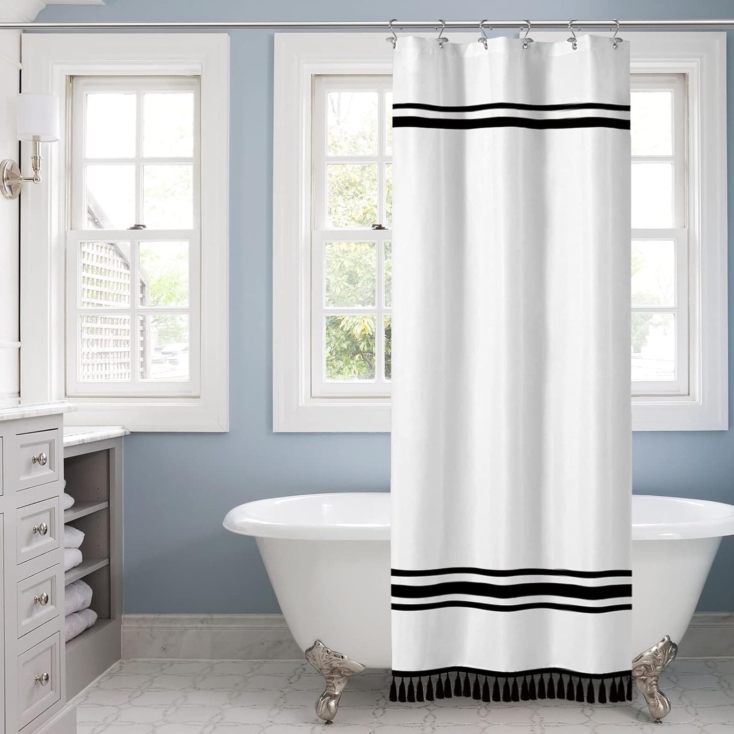 Seasonwood Fabric Black and White Striped Shower Curtain Set Modern Farmhouse Shower Curtain with Tassels Boho Fringe Shower Curtain for Bathroom Small rv Shower Curtain Waterproof Washable 36"x72"