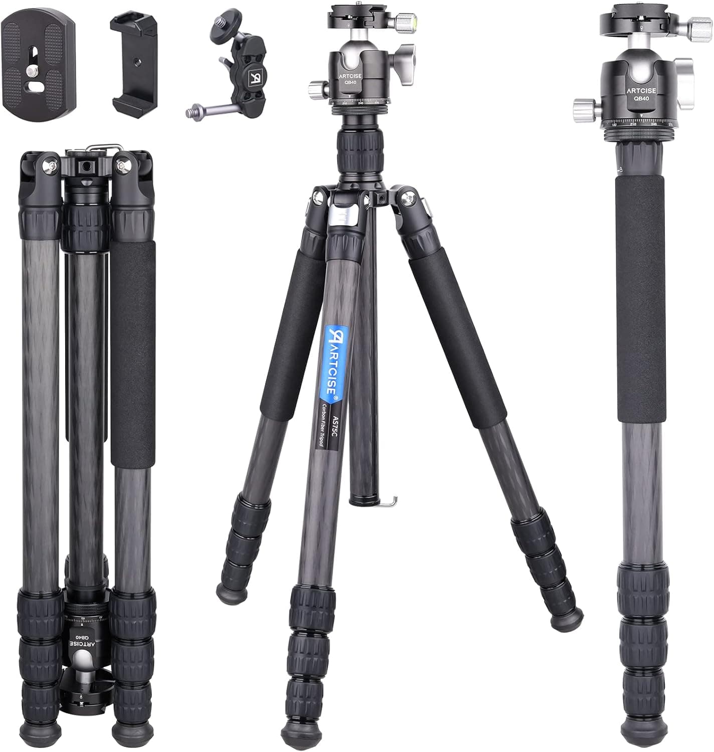 Carbon Fiber Tripod with Panoramic Arca Low Profile Ball Head Kit Lightweight Travel Camera Tripod Monopod with Accessory Threaded Hole Design + Magic Arm+ Phone Clip Load Up to 33.1lbs/15kg