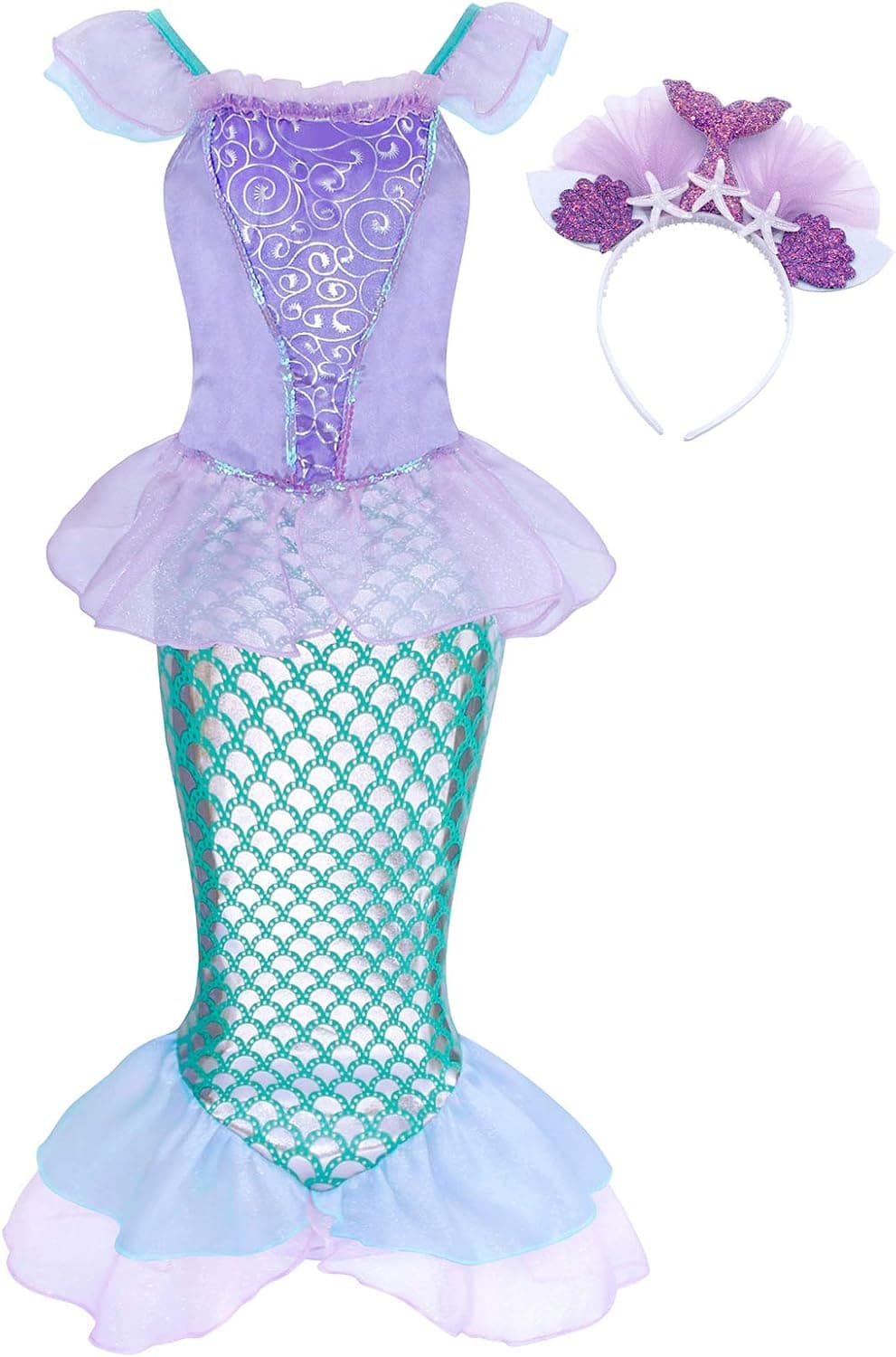 AmzBarley Little Girls Mermaid Dress Princess Mermaid Costume Dress up Birthday Party Clothes Fish Scale Dress with Headband