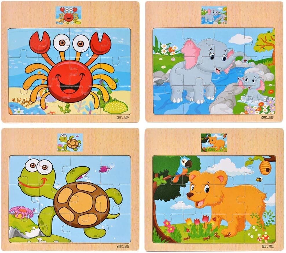 Wooden Jigsaw Puzzles Set for Kids 2-5 Years 12 Piece Colorful Wooden Educational Animal Puzzles for Toddler Children Learning Educational Puzzles Toys for Boys and Girls (4 Puzzles)