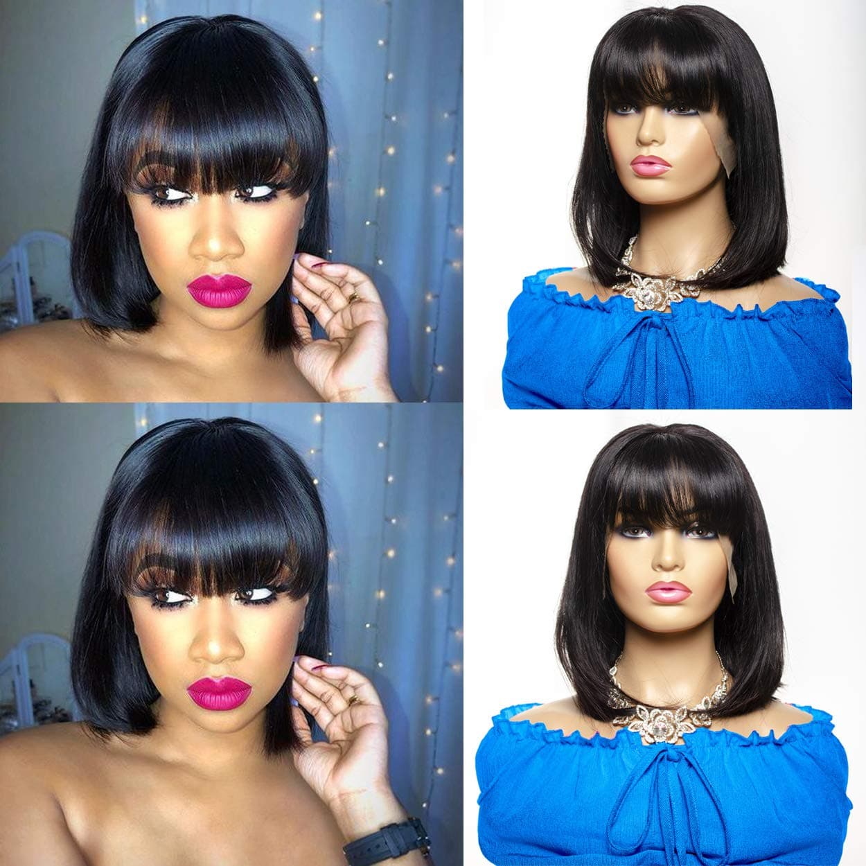 LONG YAO Short Bob Human Hair Wigs With Bangs For Black And White Woman Straight Bob Wigs 8A Brazilian Virgin Human Hair Lace Front Wigs Human Hair 13x4 Lace Part Natural Color (12 Inch, Wig)
