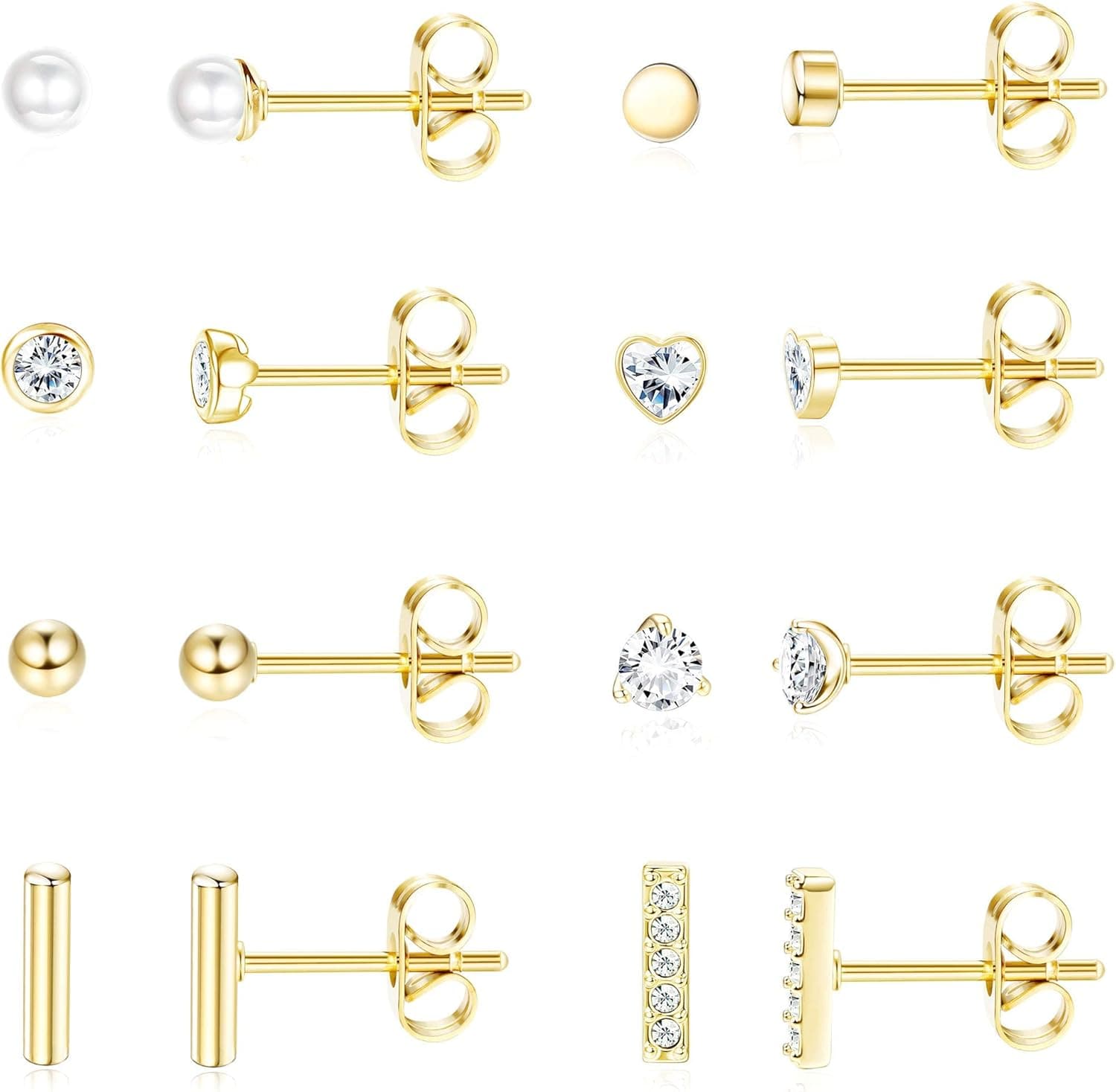 Adramata 8Pairs 925 Sterling Silver Stud Earrings for Women Cartilage Earring Set Cute Silver Earrings Gold Plated Tiny Circle Pearl Earrings Cubic Zirconia Earrings Studs