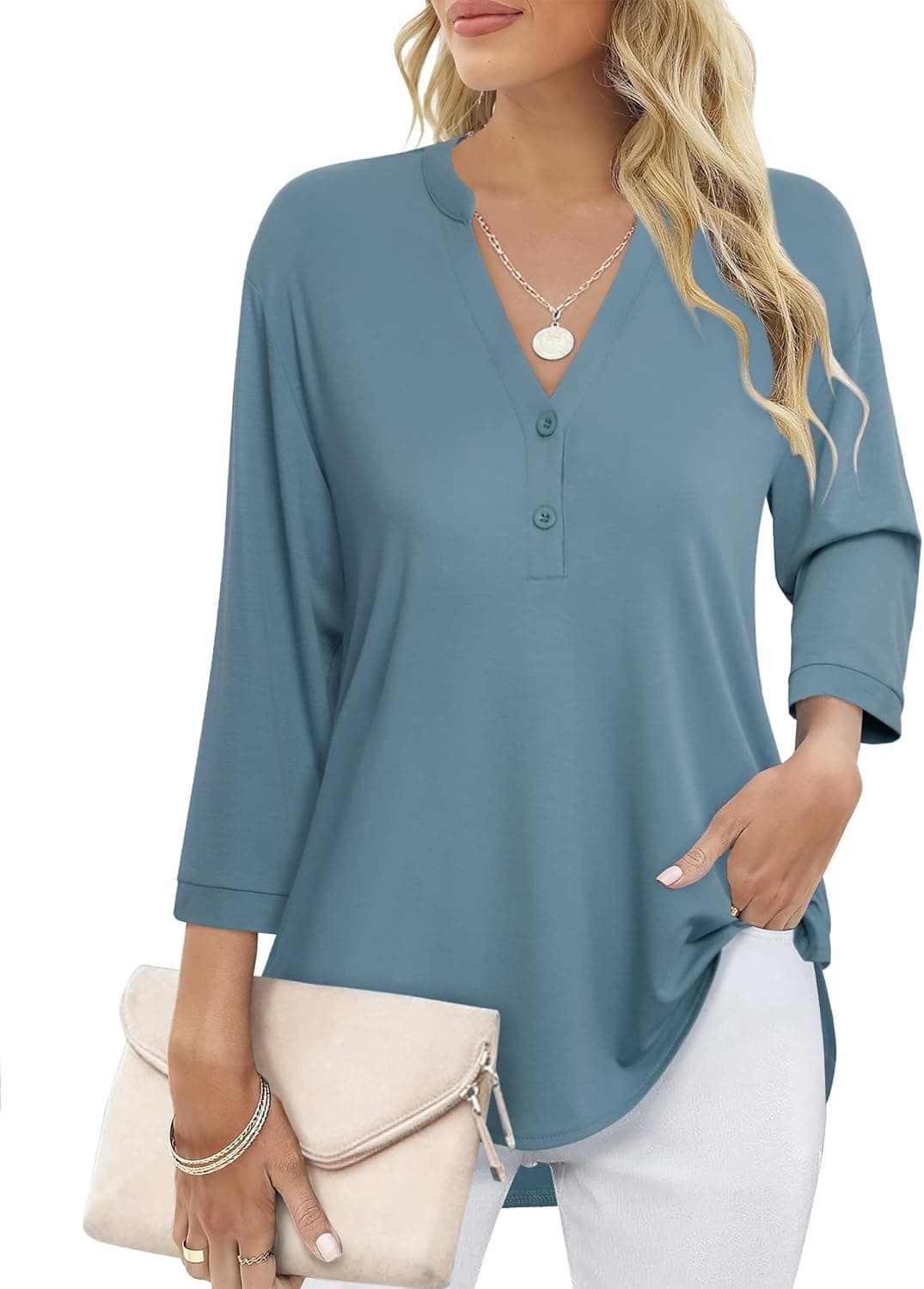Messic Women's 3/4 Sleeve Shirts Loose Fit Casual V Neck Side Split Tunic Tops