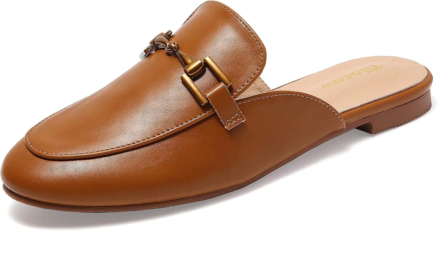 Tilocow Buckle Mules for Women Round Toe Backless Flat Mules Comfortable Slides Mules Shoes Ladies Slip-on Loafers