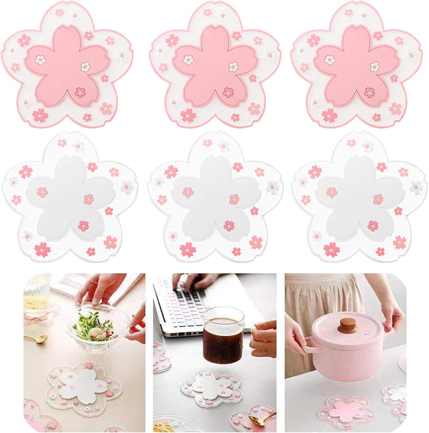 Sa-kura Coaster PVC 6-Pack, Saku-ra Placemat Coaster, Non-Slip Round Cup Mat Coffee Cup Table Bowl Mats 4.5 Inch Without Cup