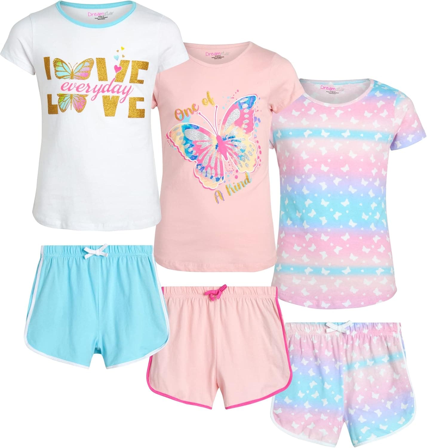 Dreamstar Girls' Active Shorts Set - 6 Piece Short Sleeve T-Shirt and Dolphin Shorts (7-16)