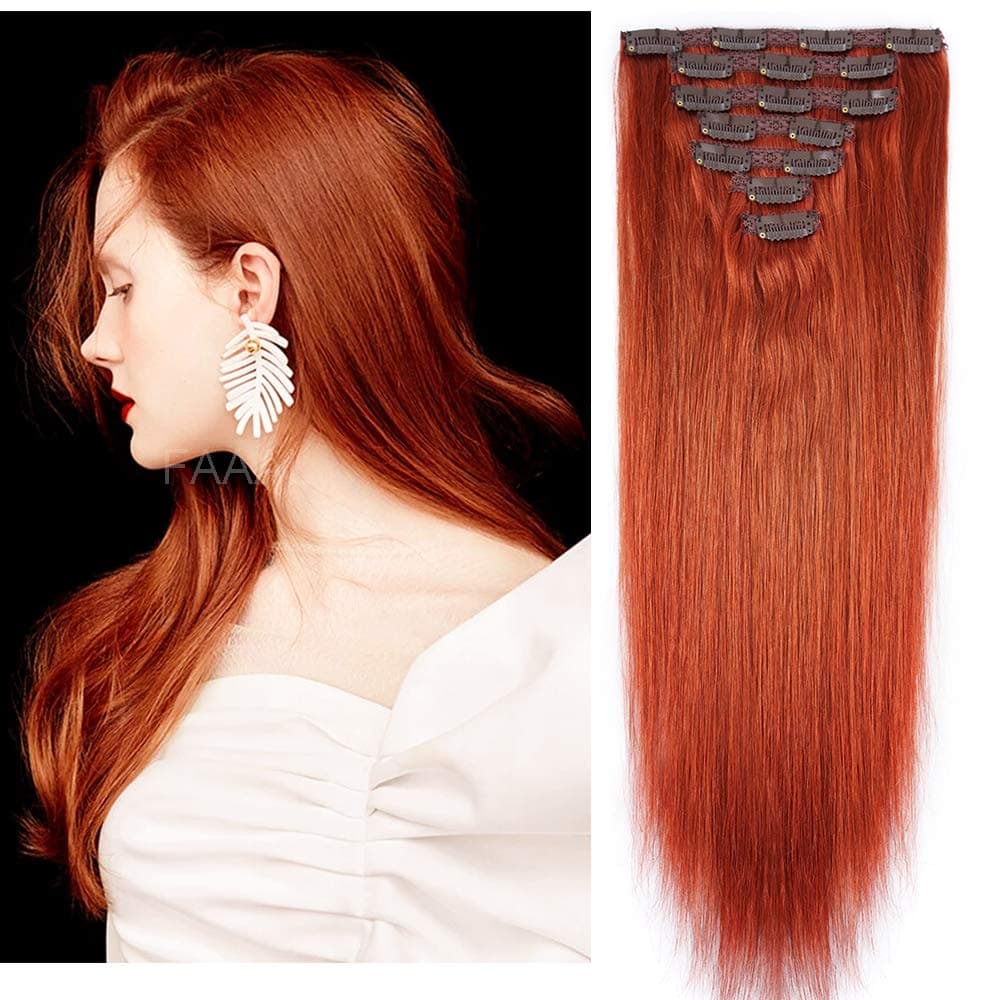 20" Clip in Human Hair Extensions Full Head 180g 7 Pieces 16 Clips Copper Red Double Weft Brazilian Real Remy Hair Extensions Thick Straight Silky (20" 180g, 350)