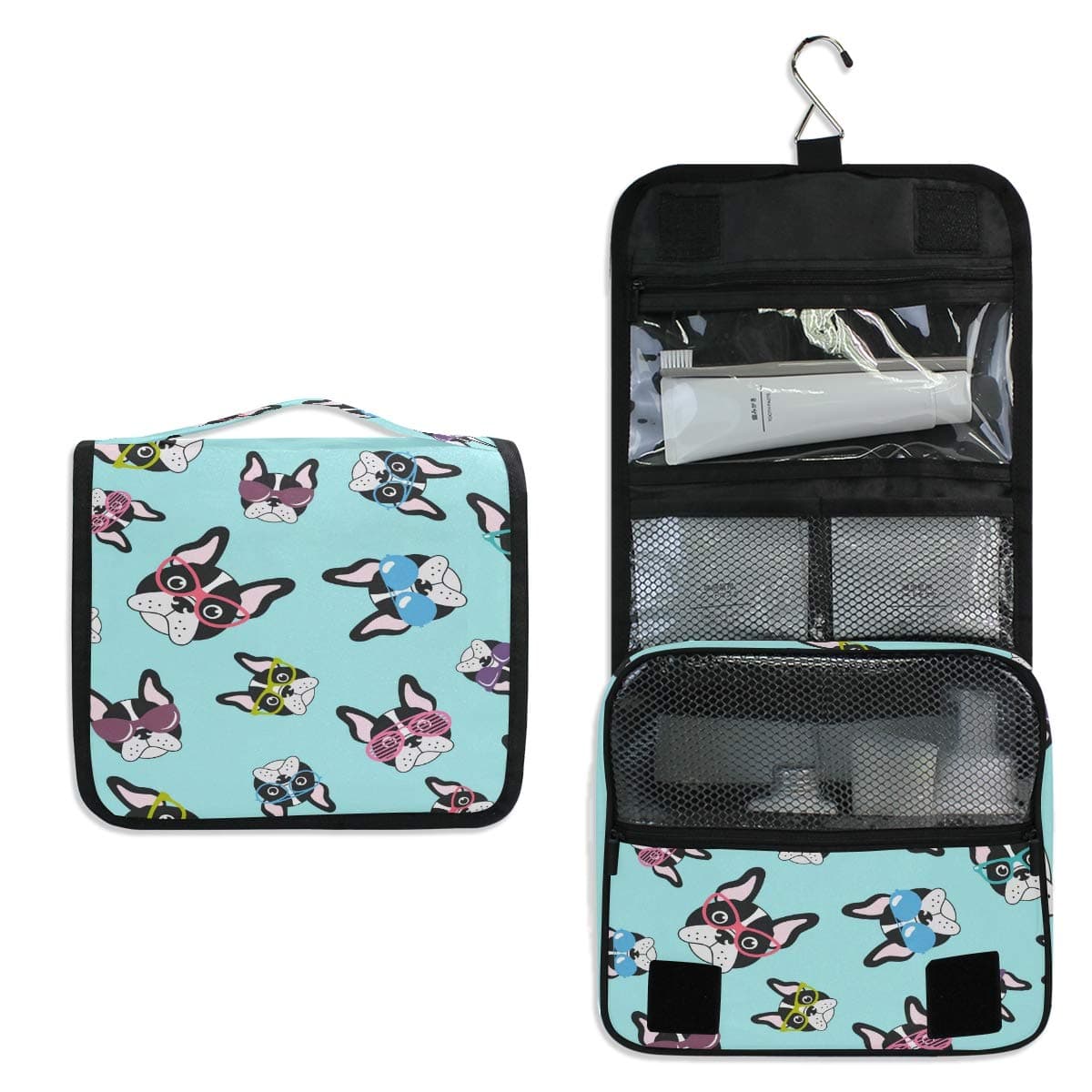 XLING Toiletry Bag Colorful French Bulldogs Wash Gargle Bag Travel Portable Cosmetic Makeup Brush Case with Hanging Hook Organizer for Women Men