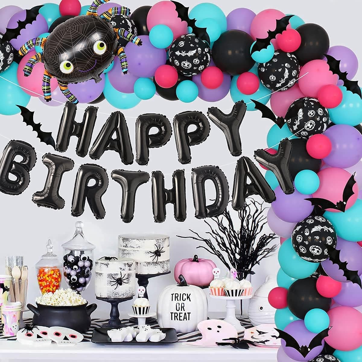 Halloween Birthday Party Decorations for Girls, Teal Blue Purple Pink Balloon Garland Kit with Happy Birthday Spider Bat Balloons Wall Stickers for Halloween 1st 2nd 3rd Birthday Party Supplies
