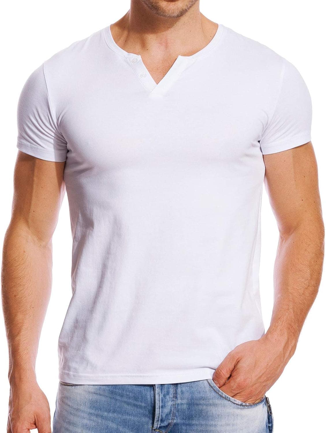 Zecmos Henley Shirts Mens Slim Fit Short Sleeve Summer Cotton Casual T-Shirt White XL