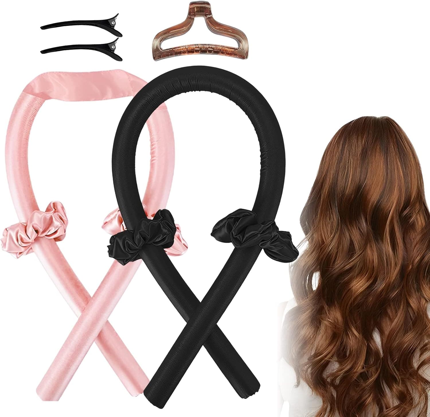 Heatless Curling Rod Headband,heatless hair curler, Hair Curlers to Sleep In, No Heat Curl Ribbon with Hair Clips and Scrunchie, Sleeping Curls Silk Ribbon Hair Rollers for Long Hair（black + pink）