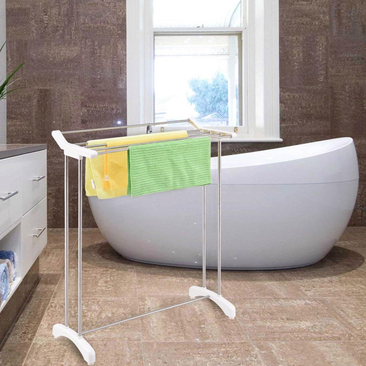 Tangkula Towel Stand Free Standing Stainless Steel Space Saving Metal Towel Bar Stand Bathroom Balcony Towel Butler Rack