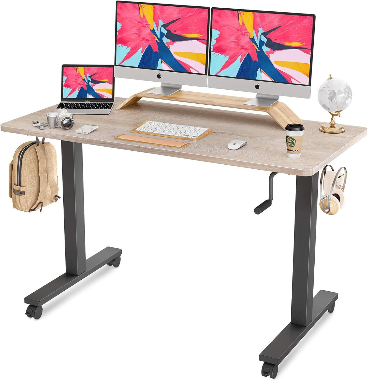 FEZIBO Crank Adjustable Height Standing Desk, 55 x 24 Inches Manual Stand up Desk, Sit Stand Desk with Handle, Home Office Desk with Greige Top and Black Frame