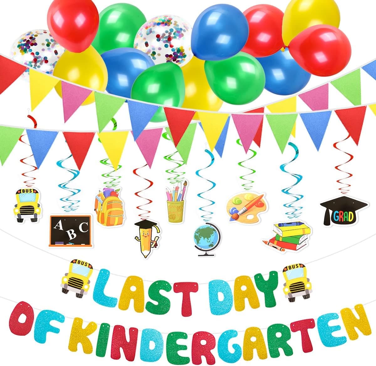 MOVINPE 2022 Kindergarten Graduation Party Decorations, Last Day of Kindergarten Banner Colorful Pennant Balloons Hanging Swirl, Preschool Graduation Elements Cake Cupcake Topper, Congrat Grad Party Supplies for Kids