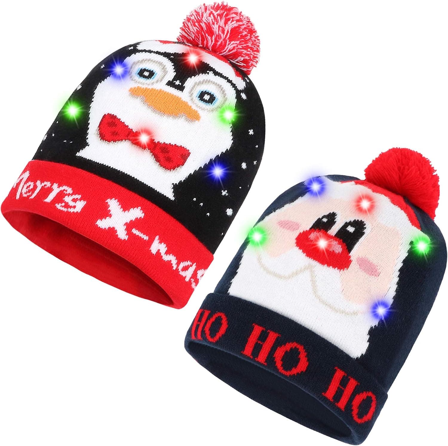 Glemme 2 Pack LED Light Up Christmas Beanie Hat, LED Xmas Light-up Knitted Beanie Hat Unisex Ugly Christmas Sweater Hat with 6 Colorful LED Lights