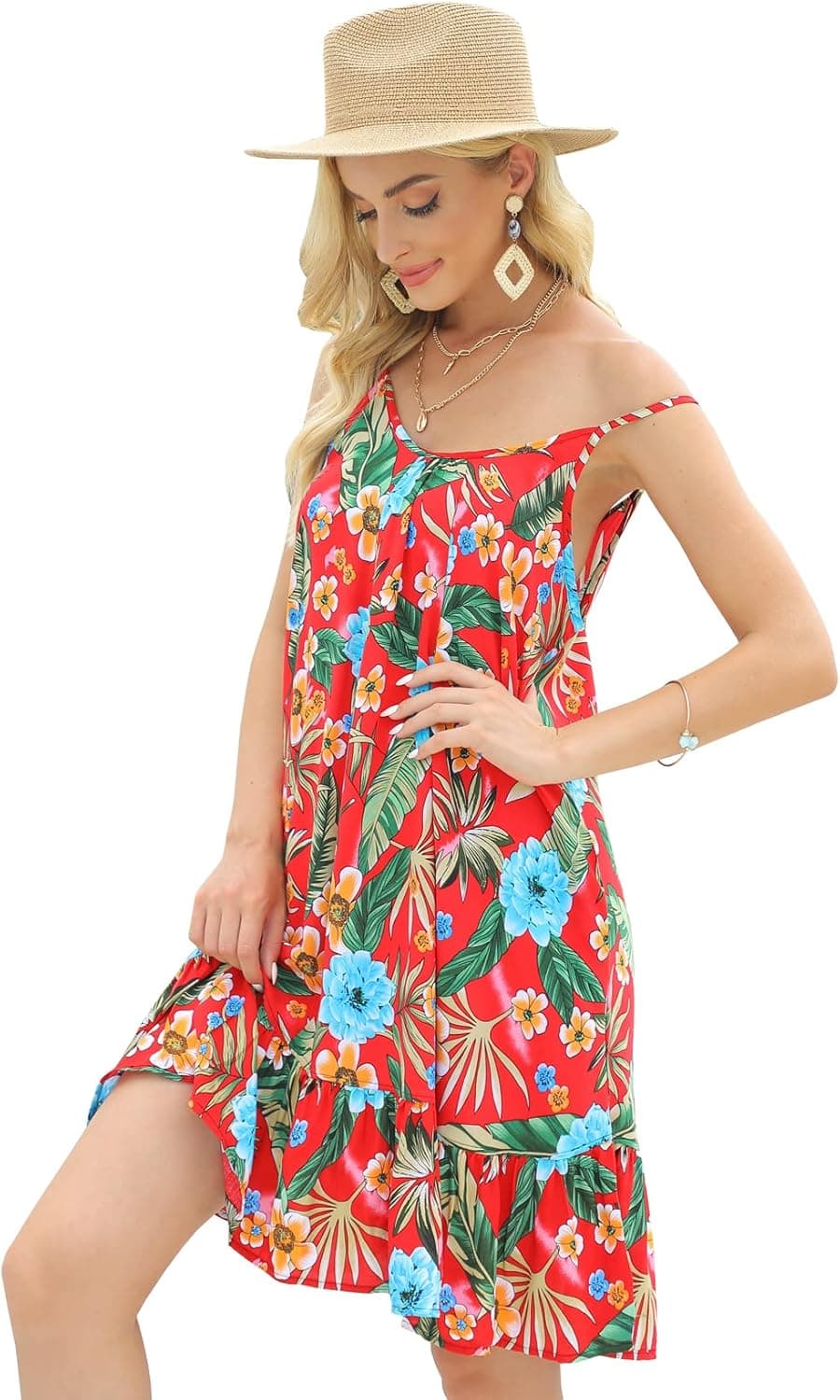 COLOWANA Women's Spaghetti Strap Mini Dress V Neck Boho Floral Printed Casual Summer Beach Short Sundress with Pockets
