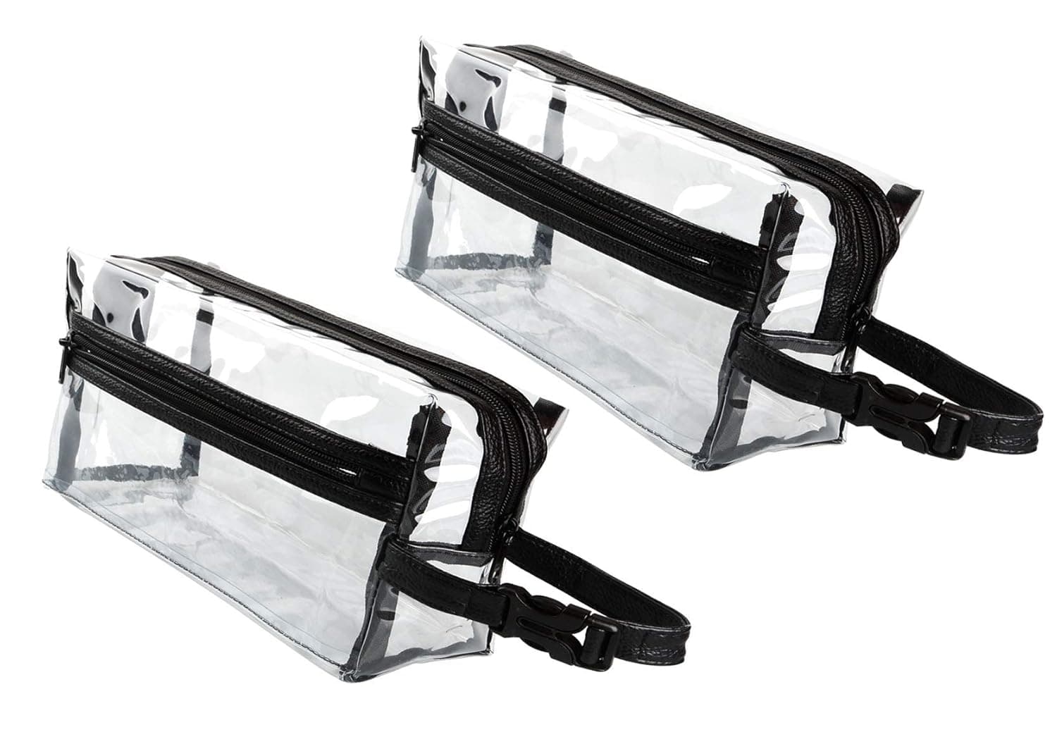 Heavy Duty Clear Toiletry Makeup Bags Transparent Shaving Bag Water Resistant Cosmetic Bag Organizer Pouch for Travel with Zipper and Handle (2 PCS Black With Quick-release Buckle)