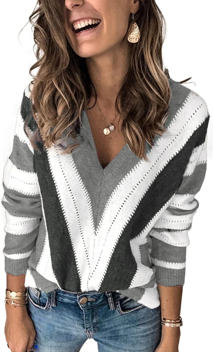 Asvivid Women's 2023 Spring Long Sleeve V Neck Color Block Striped Pullover Sweater Tops