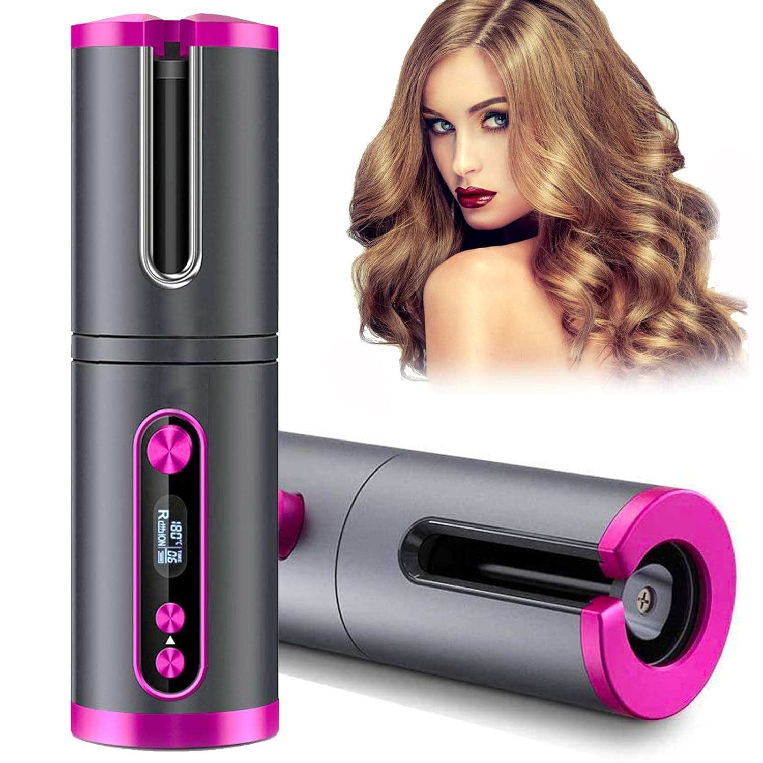 Automatic Hair Curler,Automatic Curling Iron,Cordless Hair Curlers with LED Display Adjustable Temperature & Time,Portable Rechargeable Curling Wand Fast Heating for Hair Styling, Multi Colored