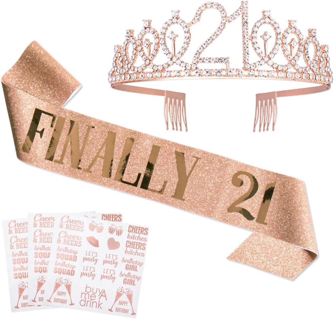 "Finally 21" Sash & Rhinestone Tiara Kit, Glitter Birthday Sash Birthday Tiara 21st Birthday Gifts for Women Birthday Party Supply with Bonus 3 Sheets Birthday Tattoos - Rose Gold