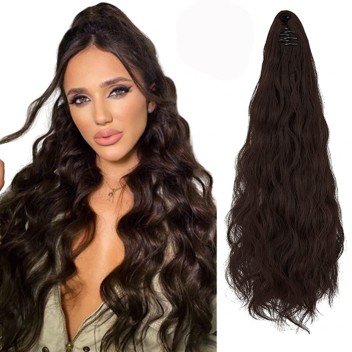 OKHOTY Ponytail Extension Mini Jaw Claw 24" Curly Wavy Straight Clip in Hairpiece One Piece A Jaw Long Pony Tails for Women, 2-33#
