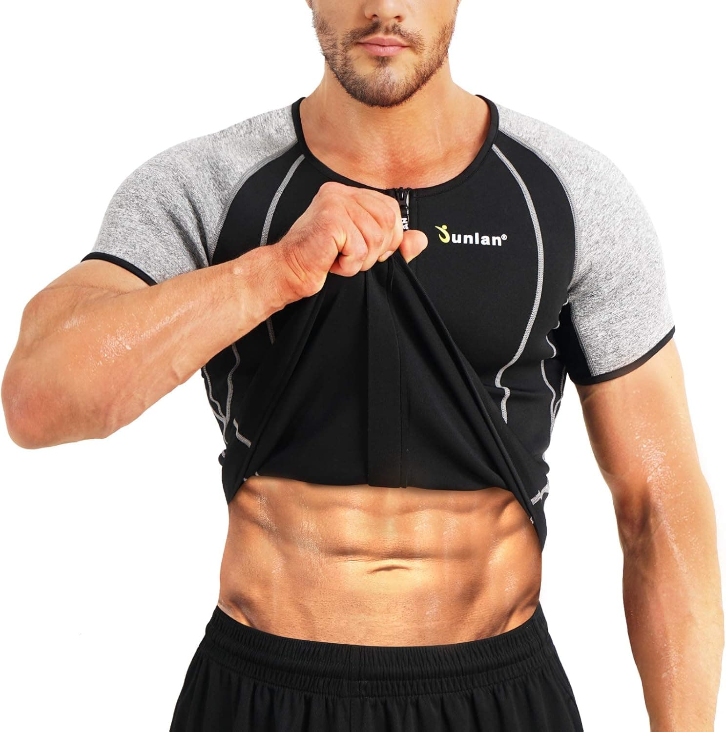 Junlan Men Sauna Sweat Shirt Workout Neoprene Top Training Body Shaper Clothes Sweat Sauna Suit Exercise Fitness Short Sleeve