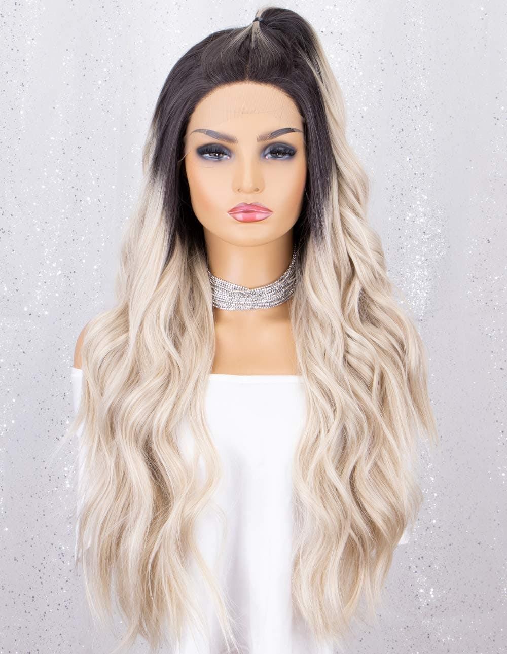 K'ryssma Platinum Blonde Ombre Lace Front Wig with Dark Roots Wavy Long Synthetic Wigs for Women Heat Resistant