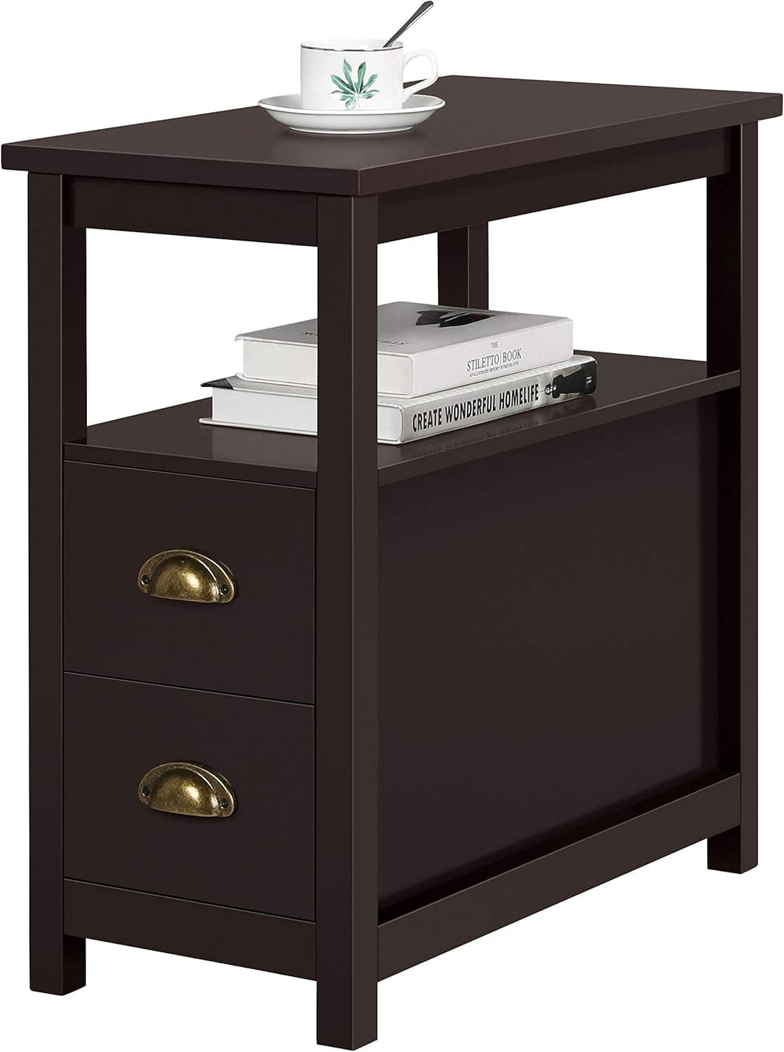 End Table, Chairside End Table with 2 Drawer and Shelf Narrow Nightstand, Rectangular Bedside Table for Living Room Bedroom (US Stock)
