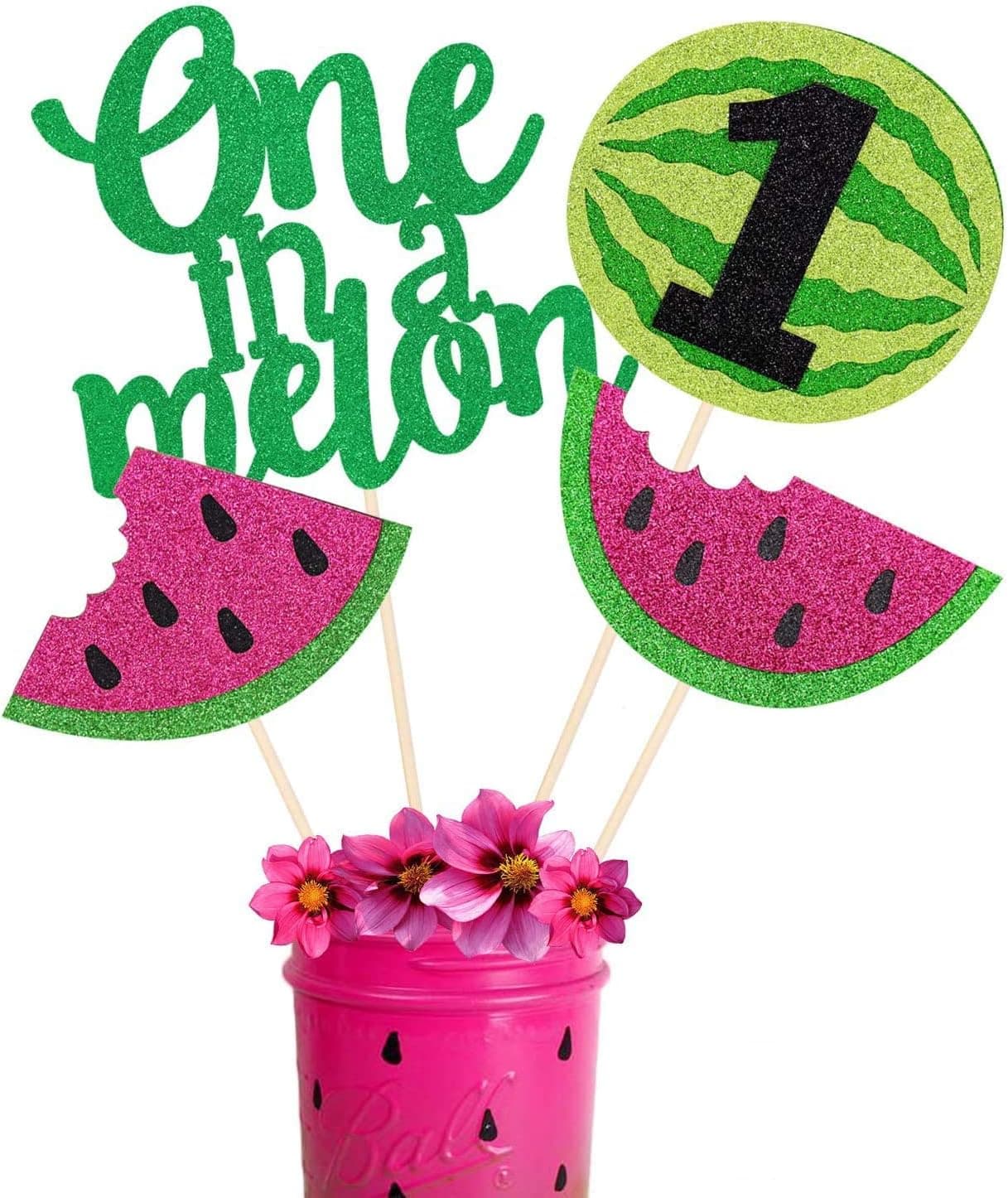 Watermelon Party Centerpieces Glitter One in a melon Table Centerpieces Sticks Summer 1st Birthday Decorations Photo Prop Table Topper Set of 12
