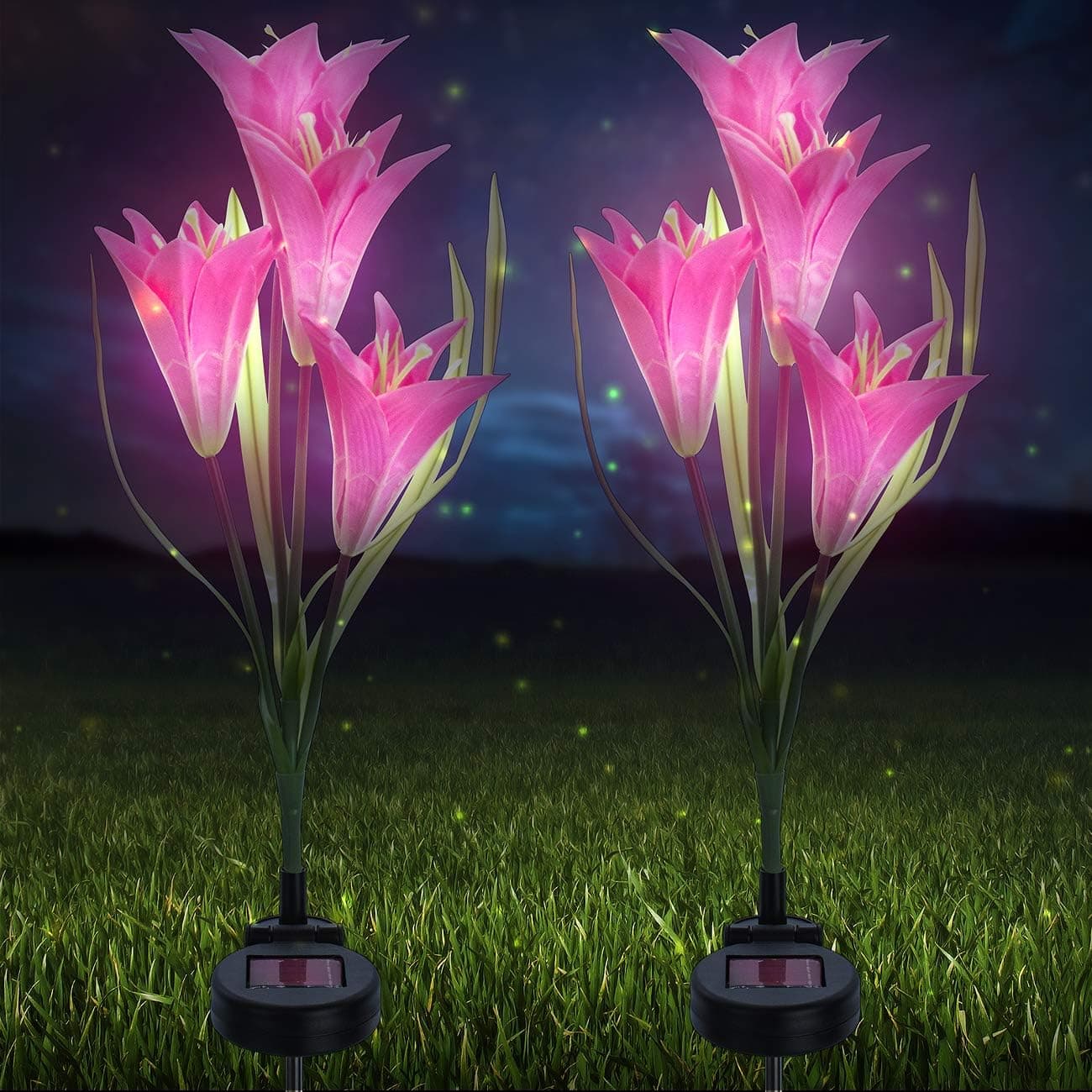 Sorbus LED Flower Light Lily Stakes, 2 Pack Solar Multi-color Changing 8 LED Outdoor Garden Flowers, for Lawn, Garden, Patio, Night Lighting, Path Walkway, Gravestones, Wedding (2 Pink Color Changing)