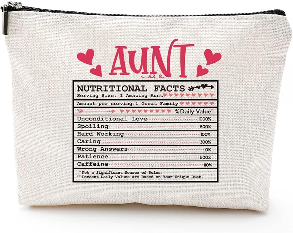 Blue Leaves Funny Aunt Gifts Auntie Mothers Day Gifts Aunt Gifts from Niece Nephew Gifts for Aunts Birthday, Christmas, Appreciation Makeup Bag-Aunt Nutritional Fact
