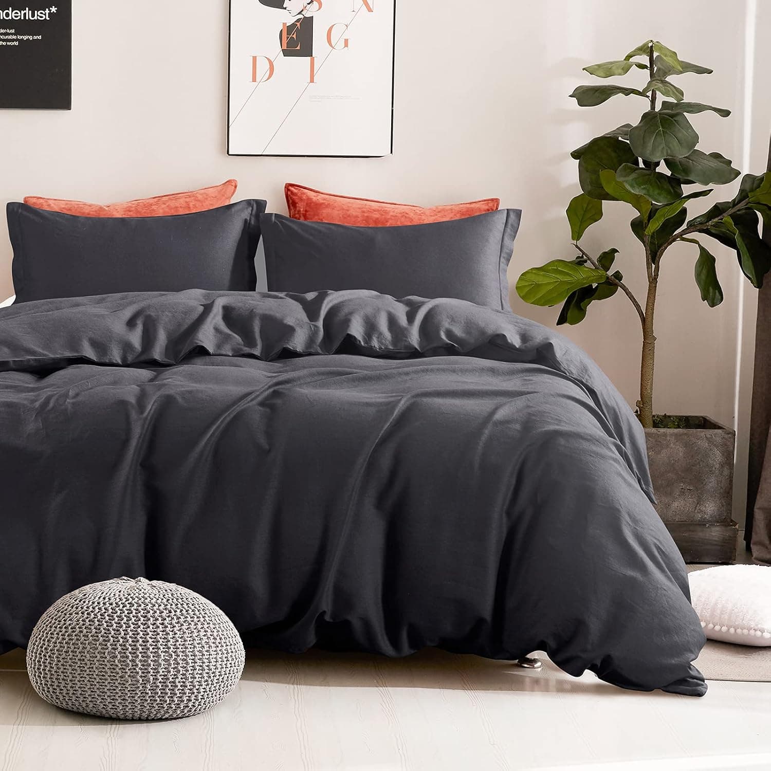 David's Home Cotton Linen Duvet Cover Set, Soft and Breathable for Hot Sleepers, Textured Bedding Breathable Durable Soft Comfy 90 x 92 Inches (Dark Grey, Queen)