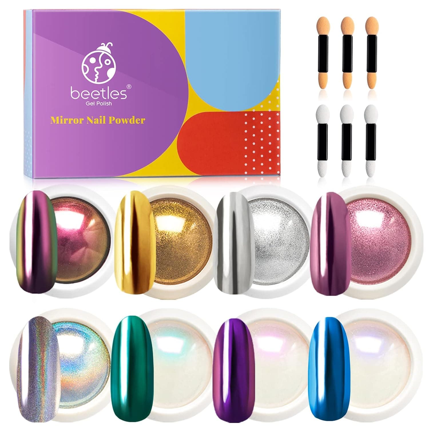 Beetles Chrome Nail Powder Mirror Effect Holographic Aurora Iridescent Pearlescent Manicure Art Decoration Glitter, 8 Colors 1g or 0.5g/Jar