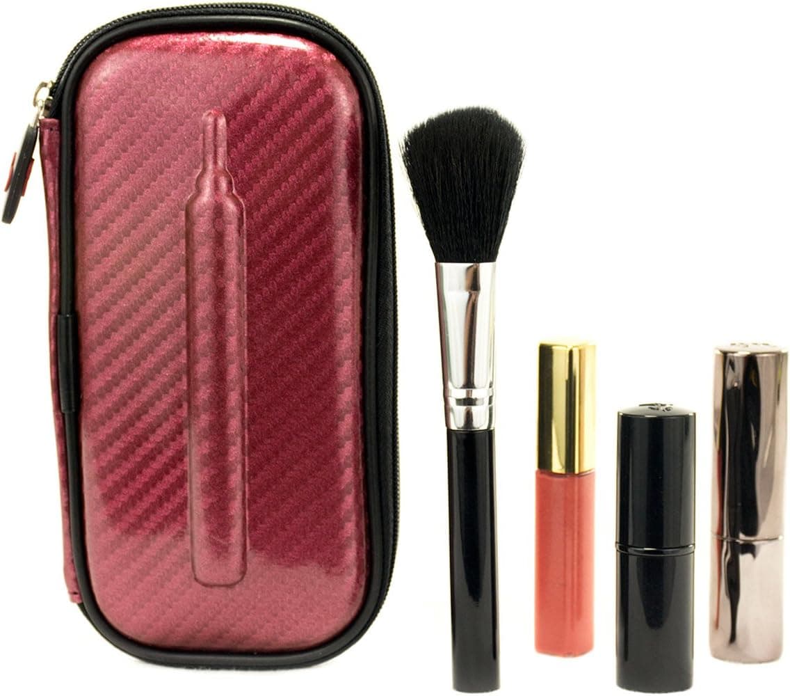 EnvyDeal Red Velvet Carbon Fiber Cosmetic Makeup Brush Travel Organizer Semi Hard Shell Case with Bonus Carabiner Clip