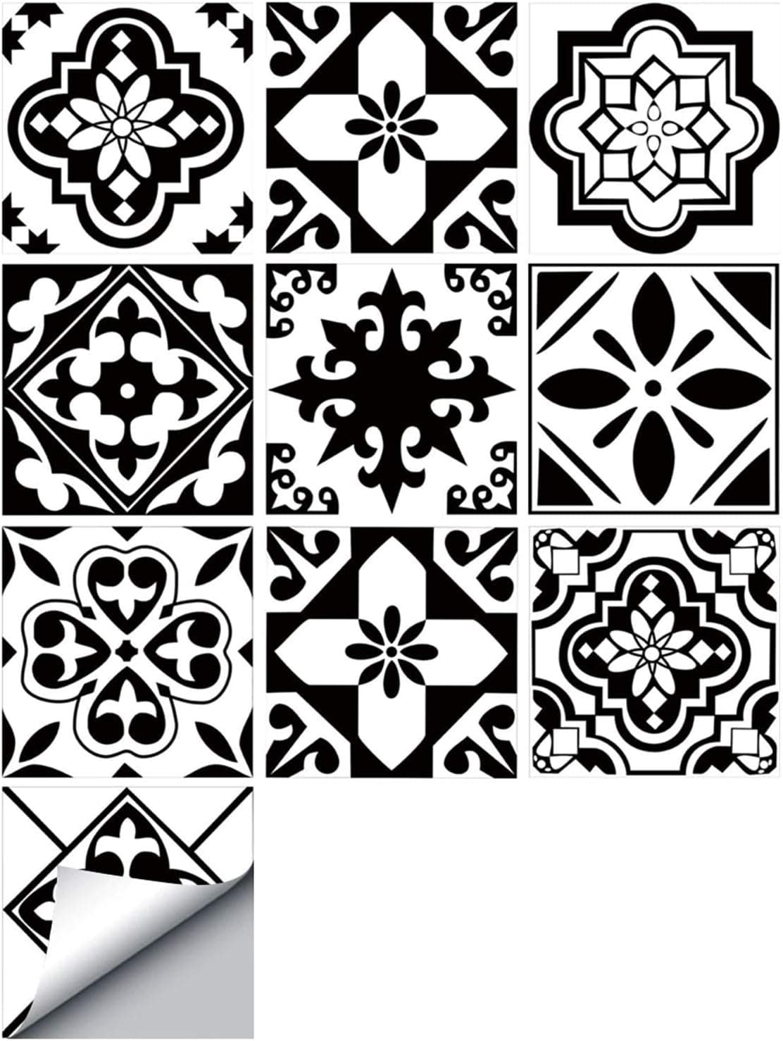 decalmile 10 Pcs Decorative Tile Stickers 6"X6" Classic Black and White Moroccan Peel and Stick Self Adhesive Tile Backsplash Vinyl Waterproof Kitchen Bathroom Furniture Stairs Home Decor (15X15cm)