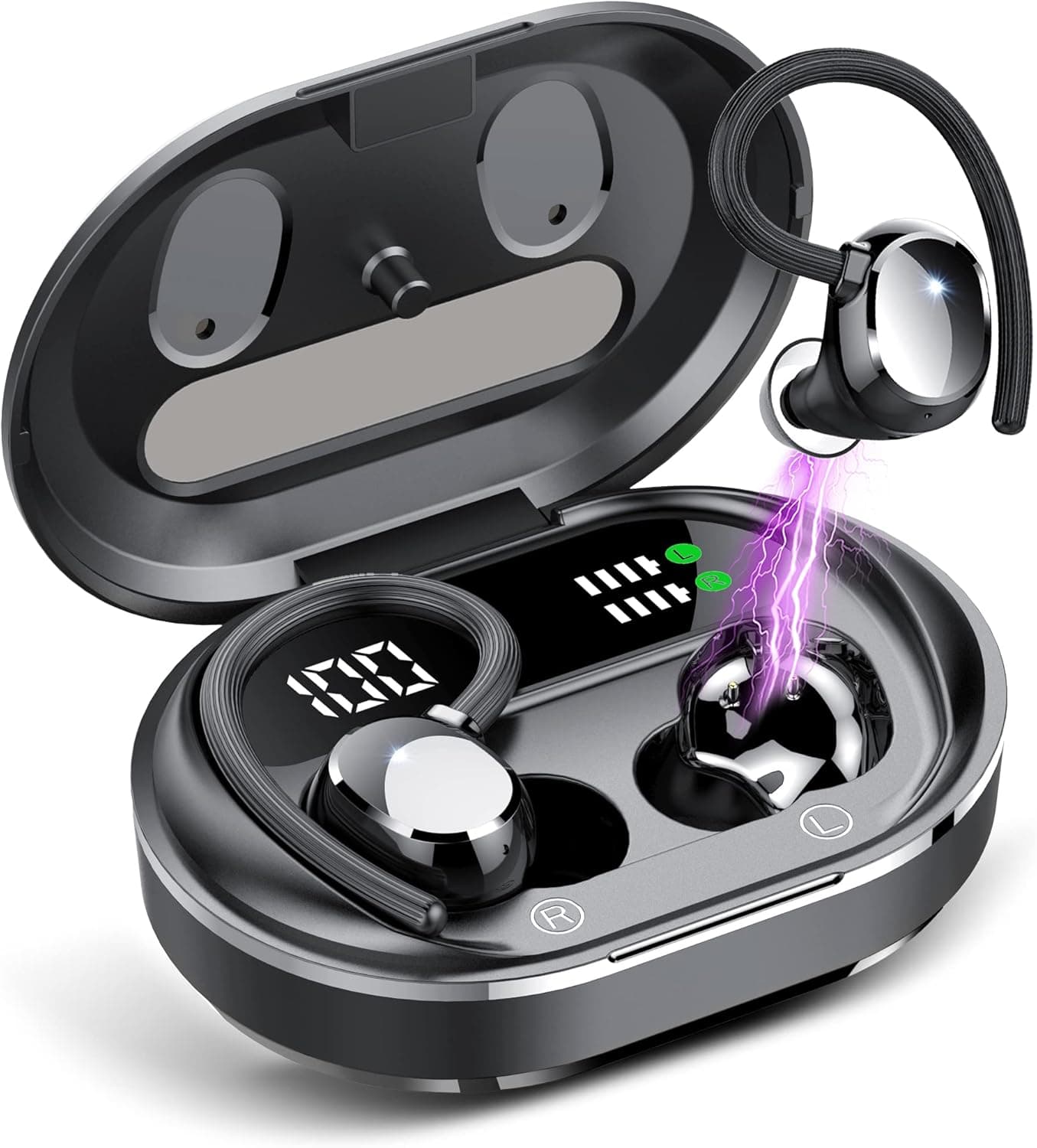 Ultralight Sport Bluetooth 5.3 Headphones, Wireless Earbuds with Dual LED Battery Display 30Hrs Playtime, IPX7 Waterproof Wireless Headphones with Earhooks, Built-in Mic Earphones for Gym Black