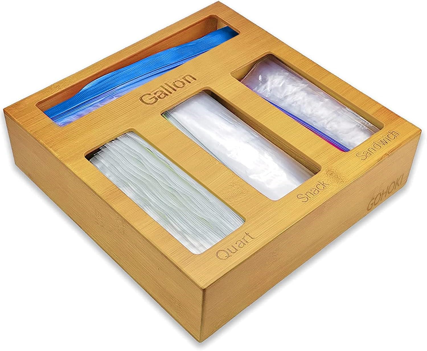 GoHoKi Ziplock Bag Storage Organizer for Kitchen Drawer, Bamboo Food Storage Ziploc Bags Baggie Organizer, Plastic Bag Holder Organizer and Dispenser for Sandwich Gallon Snack Quart Bag