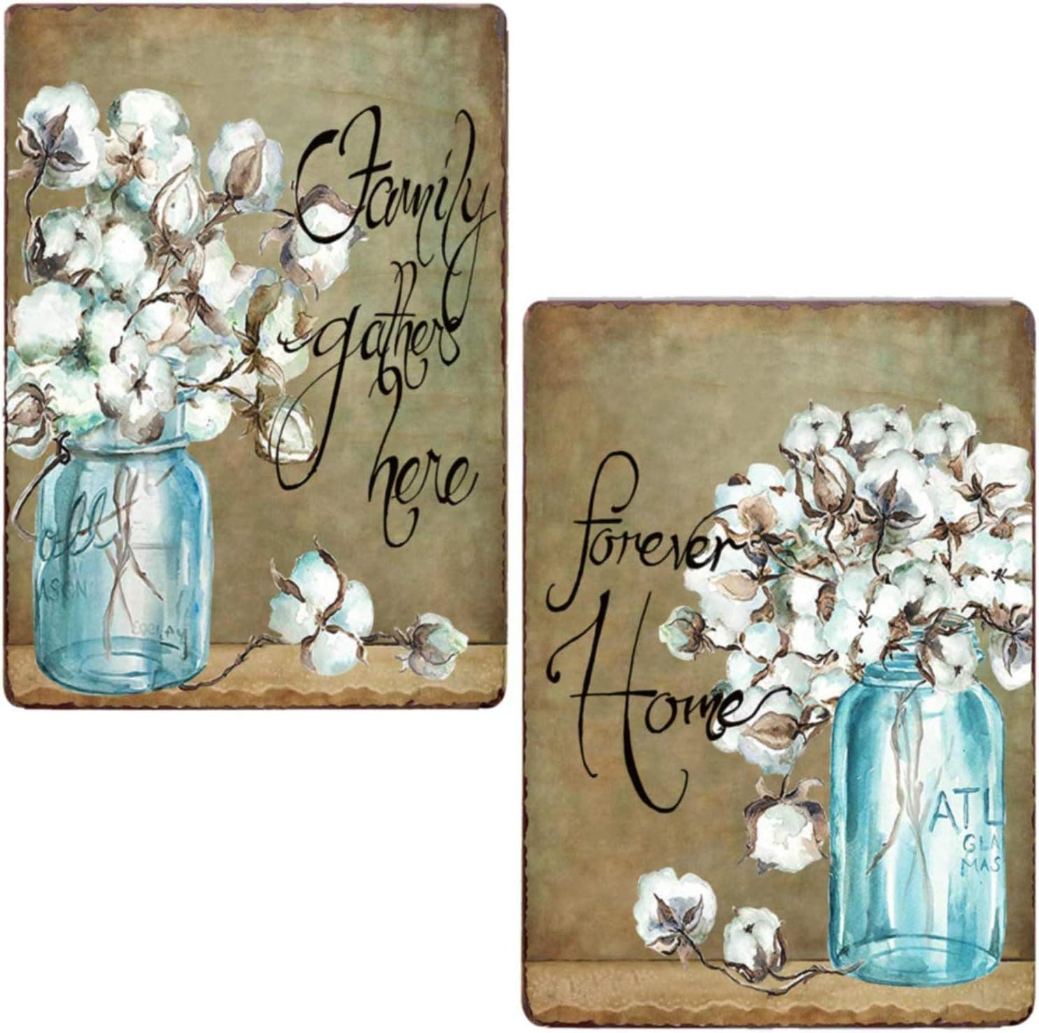 PXIYOU Rustic Cotton Blossoms in Mason Jar Vintage Metal Sign Farmhouse Bathroom Wall Art Country Home Decor 2pcs-8X12Inch
