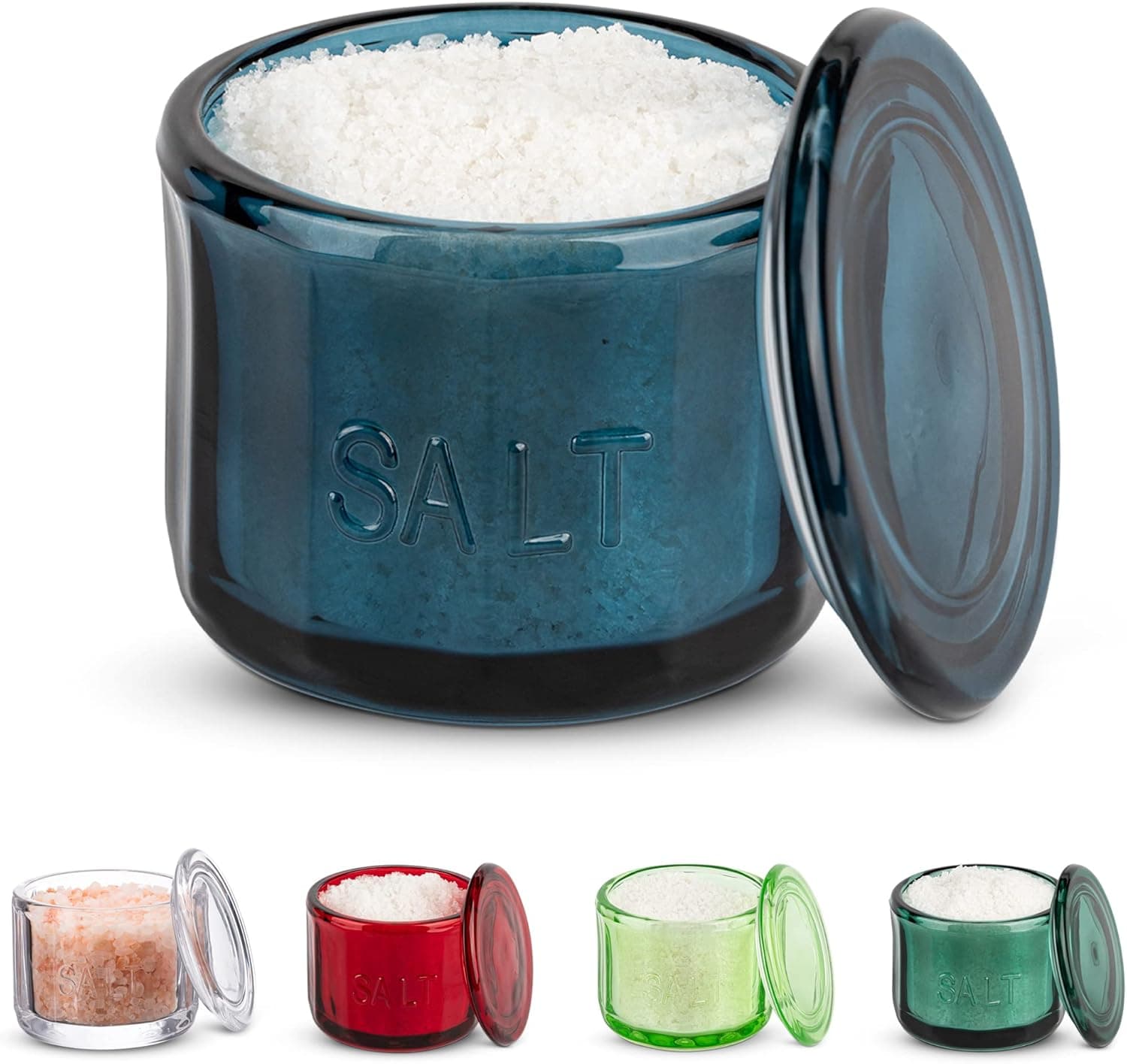 KooK Salt Cellar & Jar, Round Salt Container, Pressed Clear Glass, with Clear Lid, Embossed, 10 oz (Navy)