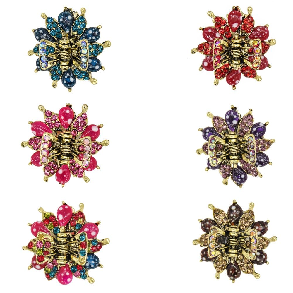 Yeshan Rhinestone and Crystal Bronze Metal Jaw Claw Hair Clip,Small Flower Design Vintage hair clip Barrettes for Women,pack of 6.