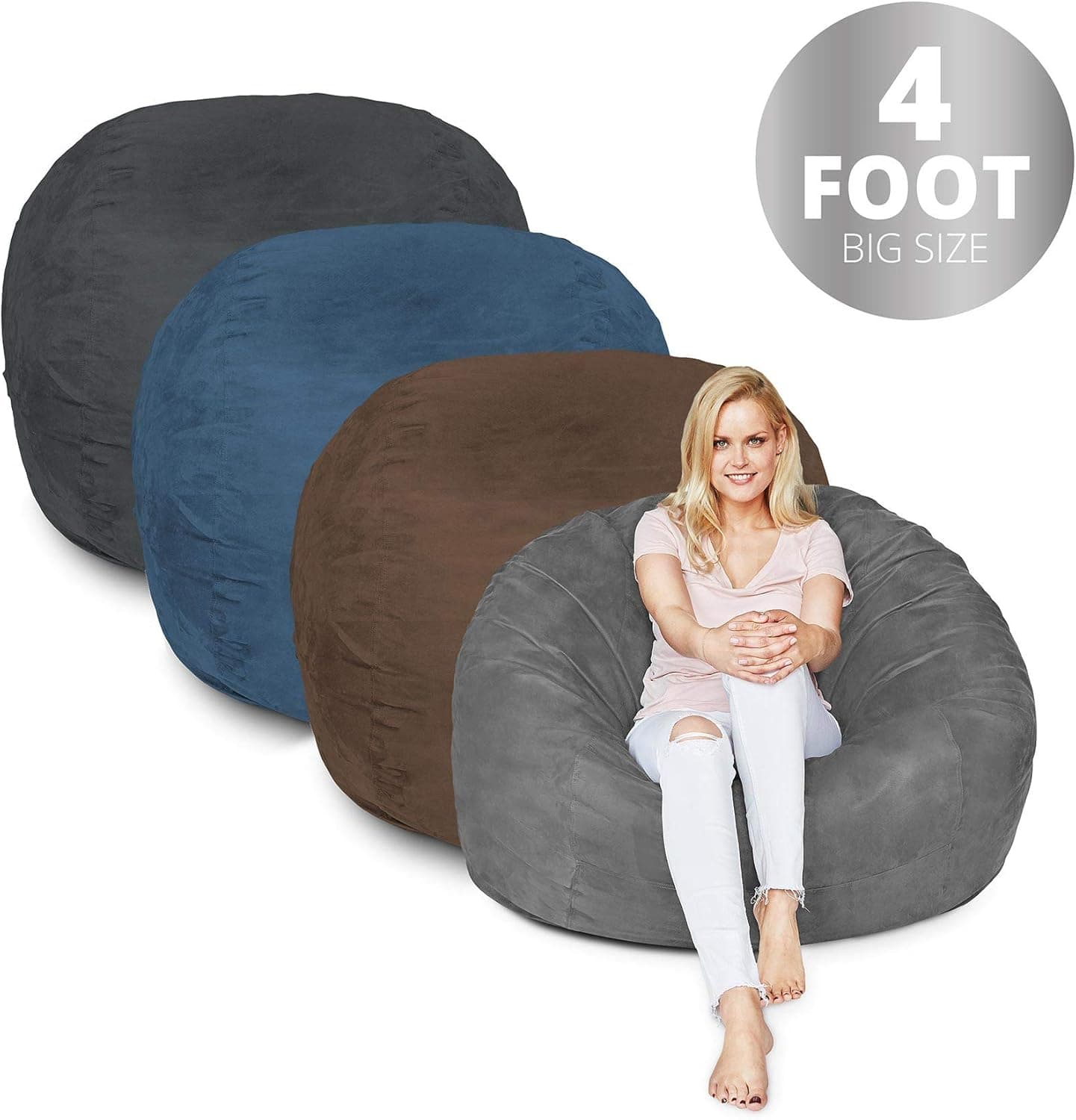 Lumaland Bean Bag Chair | 4 Foot & Dark Grey | Microsuede Cover Machine Washable Big Size Sofa and Giant Lounger Furniture for Kids Teens and Adults