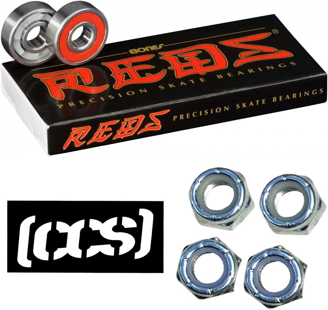 Bones Reds Bearings for [Skateboards, Longboards, Scooters, Spinners] (1 Pack of Bones Reds Bearings + 4 CCS Axle Nuts)