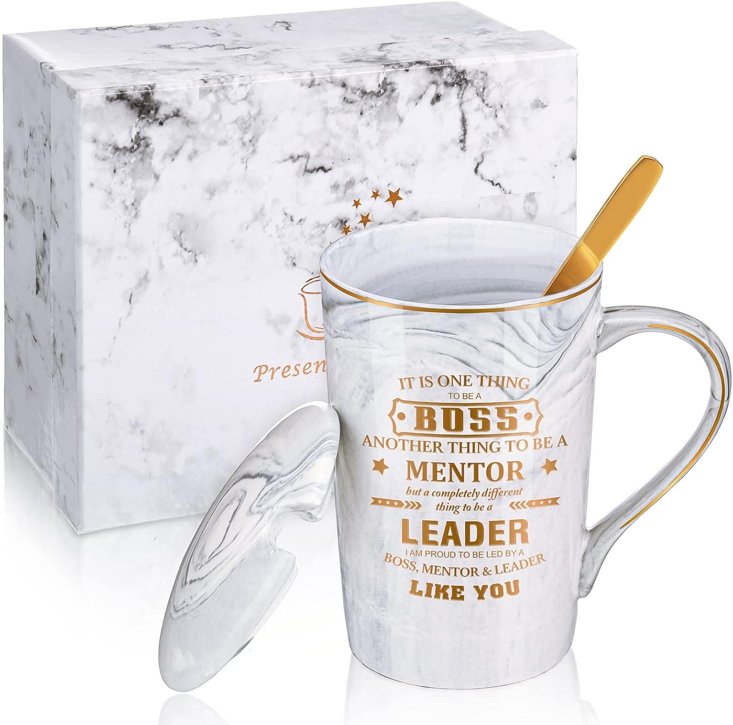 Mimorou Funny Boss Gifts Marble Ceramic Coffee Mug with Inspirational Quotes 14 oz Cup Gift Box Christmas Day Retirement Birthday for Manager Director Supervisor Leader Lady, Gray Marble