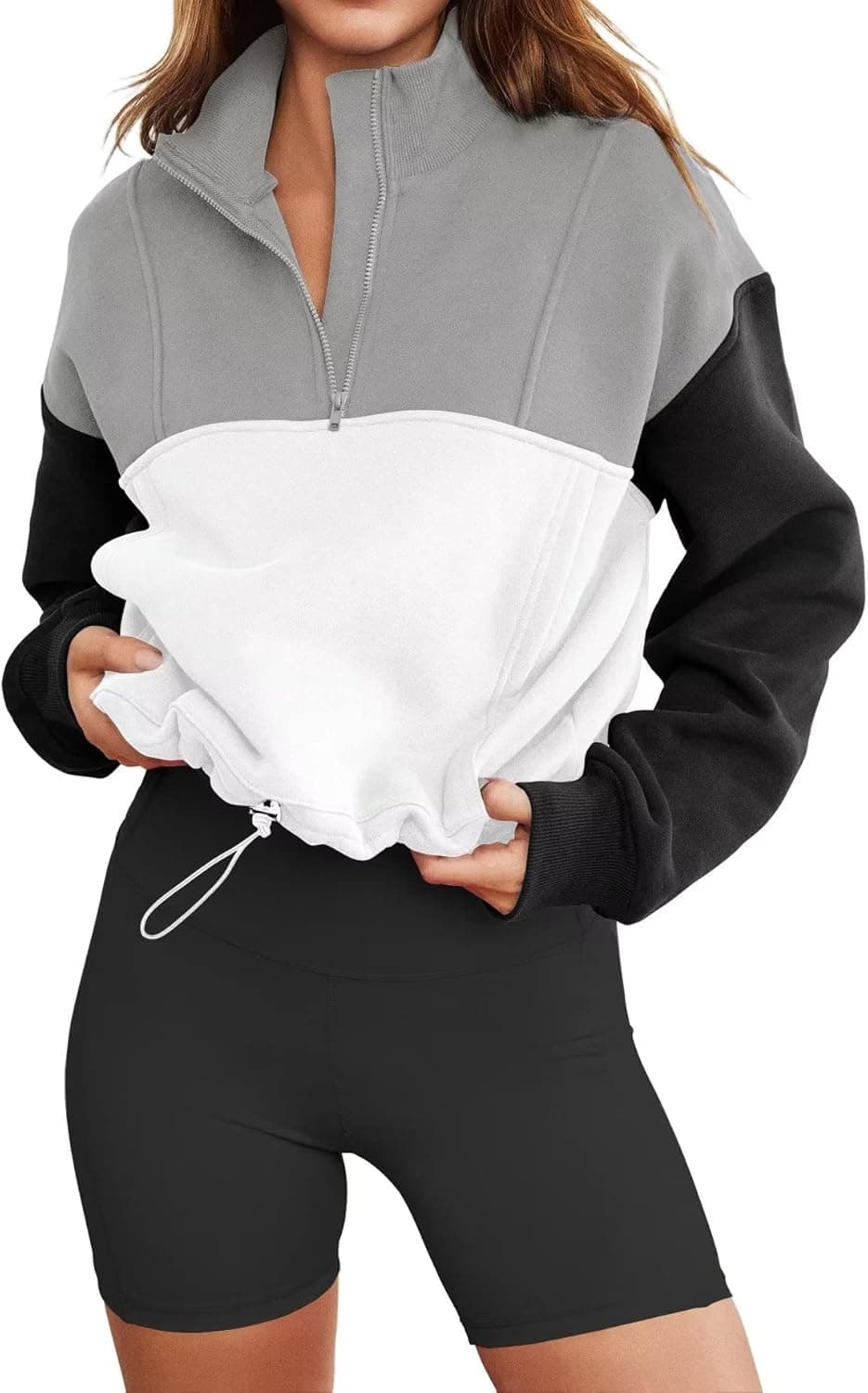 LEEDYA Women's 1/4 Zip Pullover V Neck Long Sleeve Cropped Sweatshirt Lightweight Color Block Top