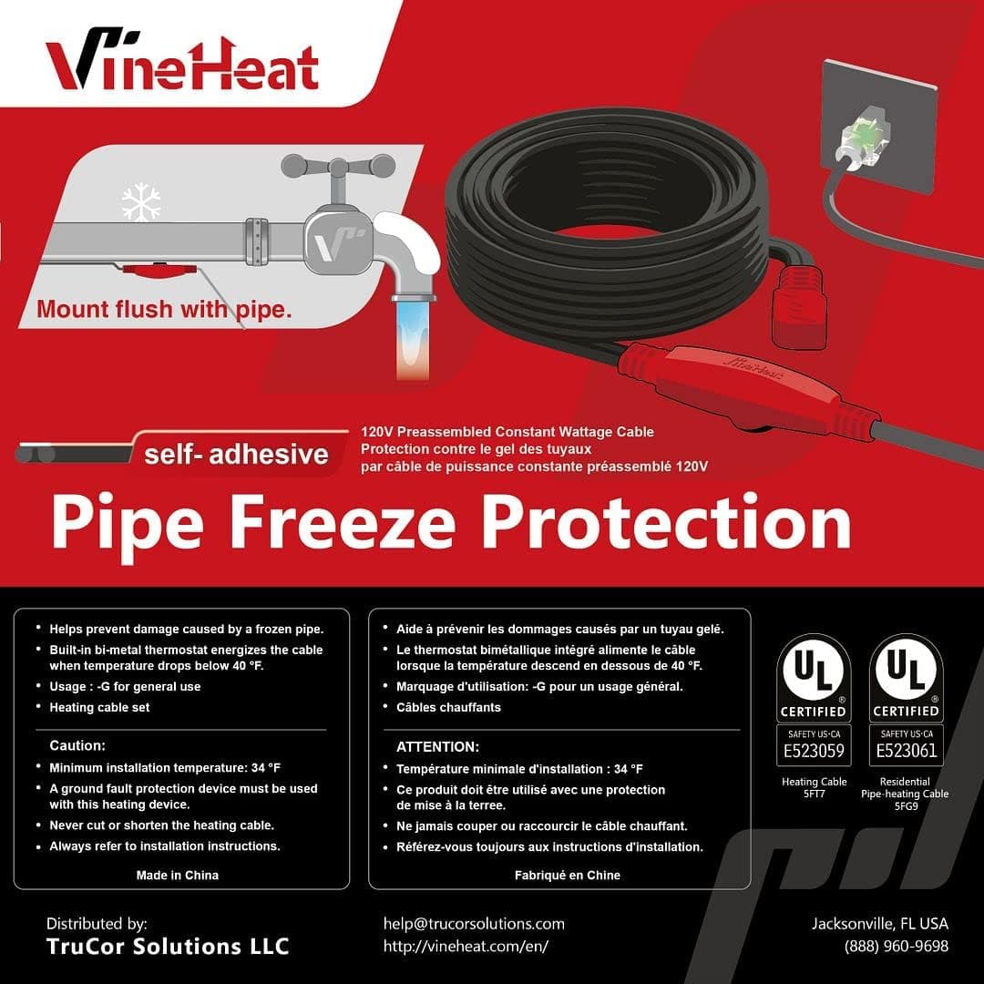 VineHeat 6 Ft Self-Adhesive Pipe Freeze Protection Cable: 120V