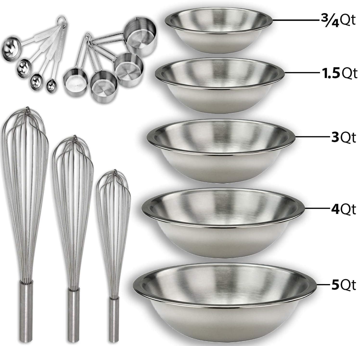 HeroFiber Stainless steel Mixing Bowls Set and Baking Utensils Kit Includes: ¾, 1.5, 3, 4, and 5 Qt. Mixing Bowl + 10”, 12” and 14” Hand Whisk + 8 Piece Measurement Cups and Spoons Set.