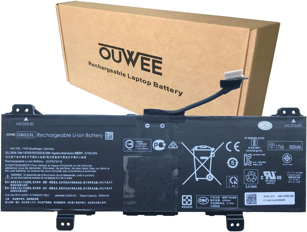 OUWEE GB02XL Laptop Battery Compatible with HP Chromebook x360 11 G2 EE Chromebook 11A G6 G8 EE Chromebook 11 G7 G8 EE Series L42550-271 L42550-541 HSTNN-UB7M HSTNN-DB7X L42583-005 7.7V 47.3Wh 6150mAh