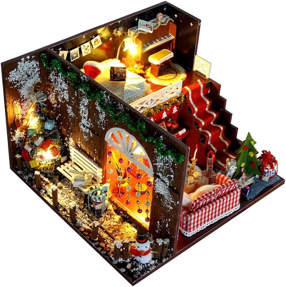 Cute and Romantic Dollhouse Miniature DIY House Kit 1:24 Scale Creative Room with Dust Proof Cover and Music Movement for Christmas Birthday Anniversary Valentine's Day (Christmas Eve)