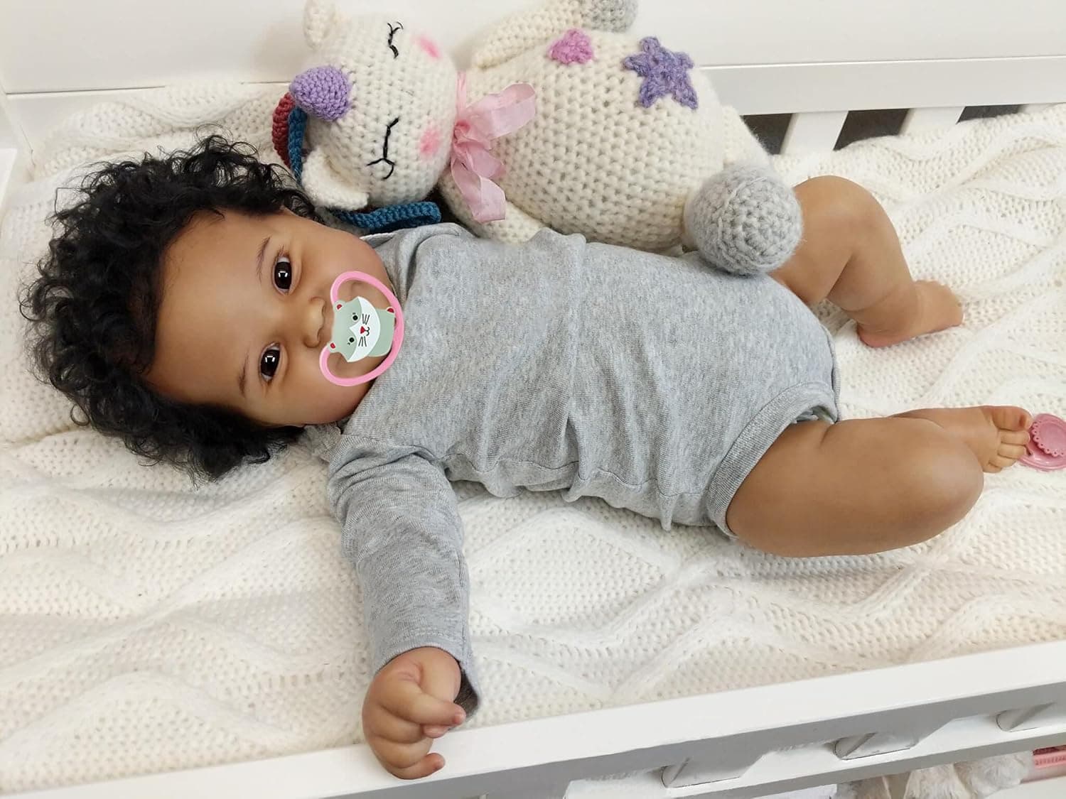 iCradle 20inch 50CM Reborn Baby Doll Realistic Looking Silicone Head Cloth Body Black Skin African American Newborn Baby HandRooted Hair Gifts for Age3+ (Grey Dark Black Skin)
