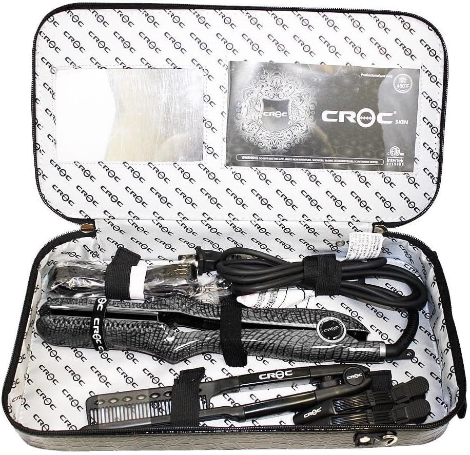 Croc Skin Titanium Ceramic Straightening Digital Flat Hair Iron Gift Set Black